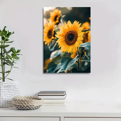 Vibrant Yellow Sunflowers with Pine Painting 40x60cm Metal Print Ready to Hang - Bella Home Decor