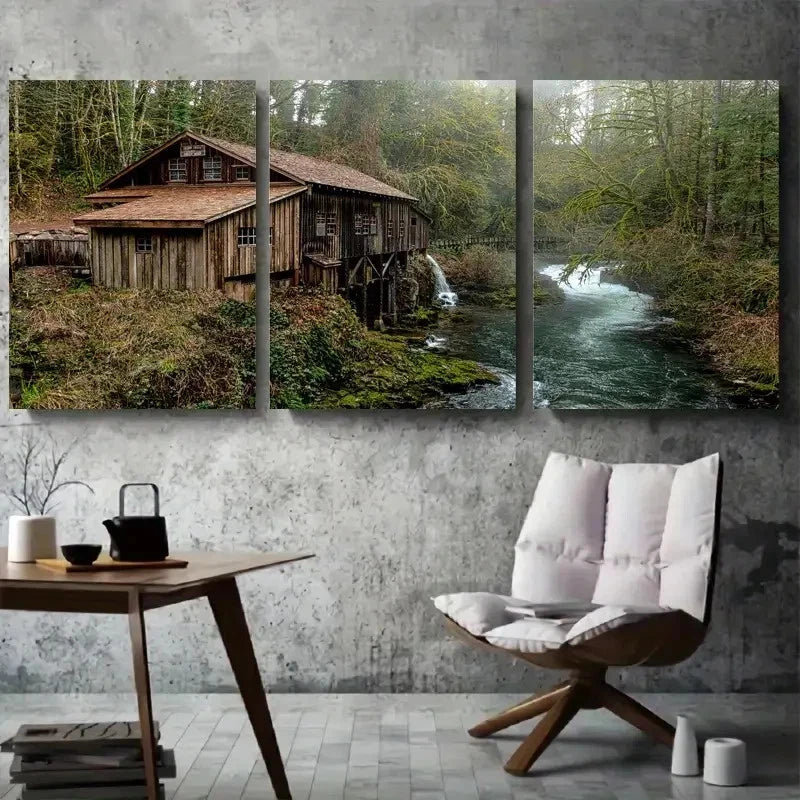 3pcs Rustic Wooden House & Water Stream Metal Print Ready to Hang Art