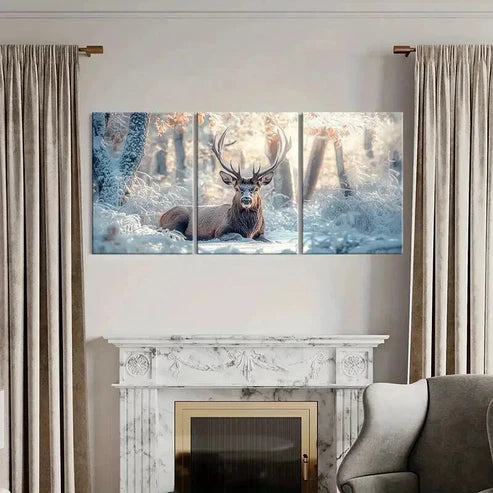 3pcs Buck Deer Stag with Snow Painting Wall Art Canvas Unframed - High Quality Print 100% Australian Made Wall Canvas - Bella Home Decor