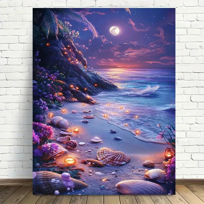 Beautiful Enchanted Beach Night Scene Painting 40x60cm Metal Print Ready to Hang - Bella Home Decor