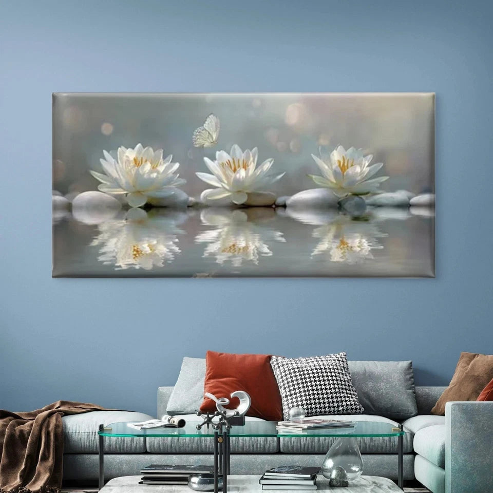 Lotus Flower & Water Reflection Wall Art Canvas Office Home Room Framed 120x60cm
