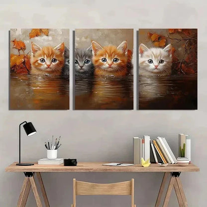 3pcs Whimsical Adorable Kitten in Water Wall Art Canvas Unframed - High Quality Print 100% Australian Made Wall Canvas