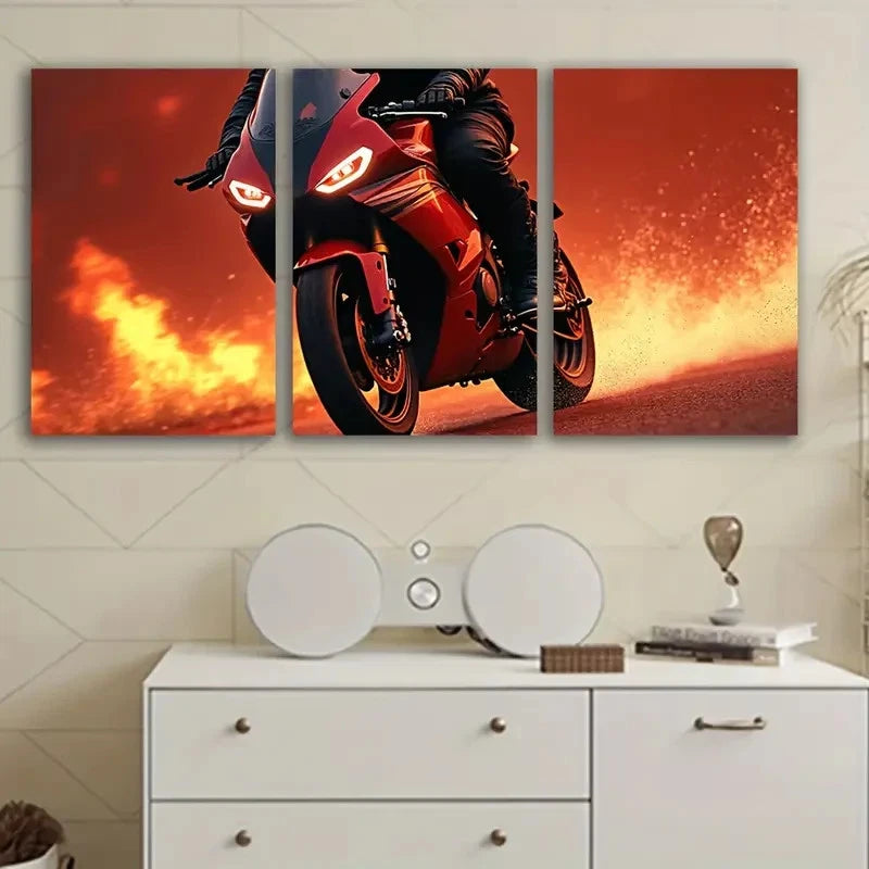 3pcs Man On Red Motorcycle Wall Art Set Canvas Framed 50x70cm - High Quality Print 100% Australian Made Wall Canvas Ready to Hang