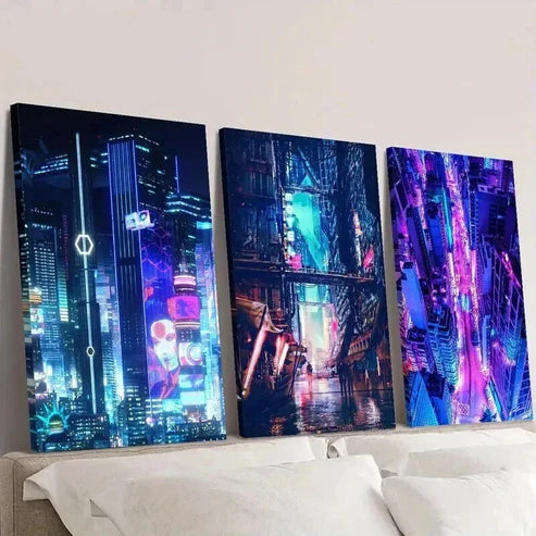 3pcs Vibrant Neon Futuristic Skylines Wall Art Canvas Unframed - High Quality Print 100% Australian Made Wall Canvas
