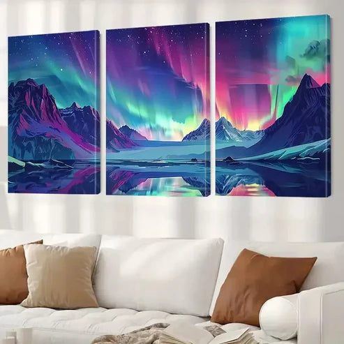3pcs Decorative Aurora Borealis Icy Mountains Canvas Unframed - High Quality Print 100% Australian Made Wall Canvas - Bella Home Decor