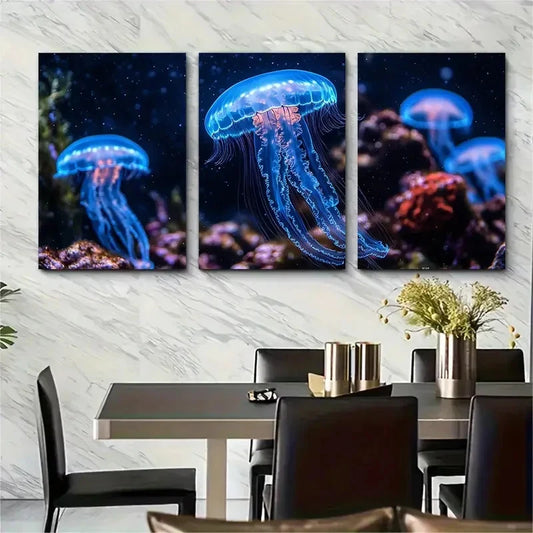 3pcs Neon Blue Jellyfish Aquarium Perfect Wall Art Set Canvas Framed 60x90cm - High Quality Print 100% Australian Made Wall Canvas Ready to Hang