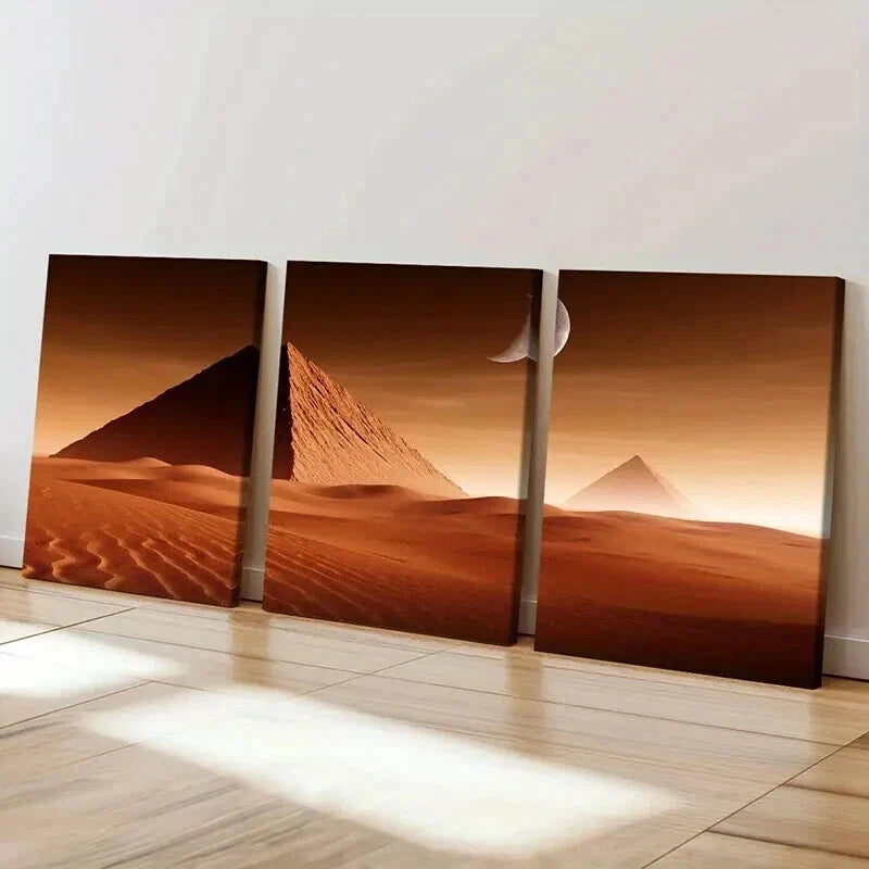 3pcs Pyramids Desert & Moon Landscape Wall Art Set Canvas Framed 50x70cm - High Quality Print 100% Australian Made Wall Canvas Ready to Hang - Bella Home Decor