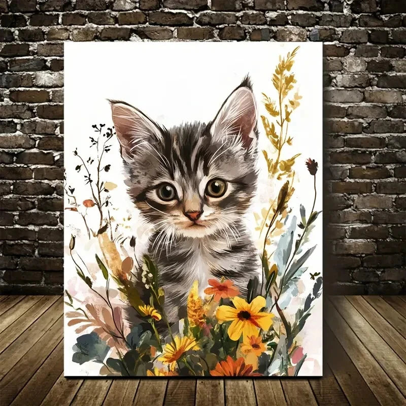 Cute Tabby Kitten with Flowers & Plants Painting 40x60cm Metal Print Ready to Hang - Bella Home Decor