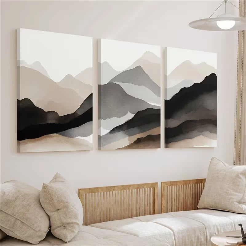 3pcs Mountain Landscape Watercolor Beige Black Wall Art Set Canvas Framed 50x70cm - High Quality Print 100% Australian Made Wall Canvas Ready to Hang