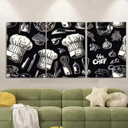 3pcs Chef Hats, Spatulas & Utensils Design Wall Art Set Canvas Framed 50x70cm - High Quality Print 100% Australian Made Wall Canvas Ready to Hang