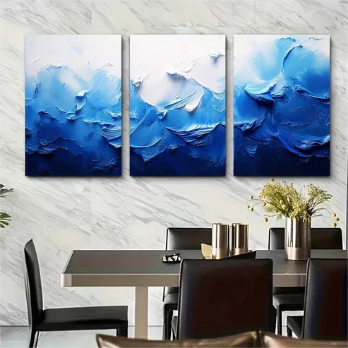 3pcs Abstract Blue and White Paint Splash Wall Art Set Canvas Framed 60x90cm - High Quality Print 100% Australian Made Wall Canvas Ready to Hang - Bella Home Decor