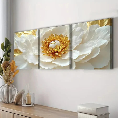3pcs White Peony Gold Floral Waterproof Perfect Wall Art Set Canvas Unframed - High Quality Print 100% Australian Made Wall Canvas