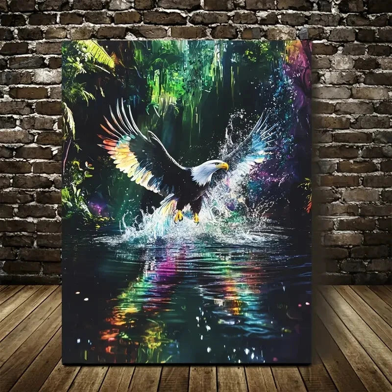 Majestic Eagle Splashing In Jungle Water Painting 40x60cm Metal Print Ready to Hang - Bella Home Decor