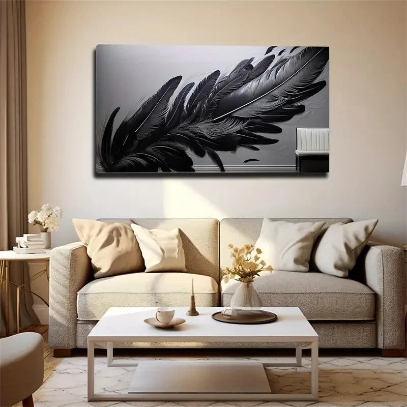 Elegant Black Feather Wall Art Canvas Office Home Room Framed 120x60cm
