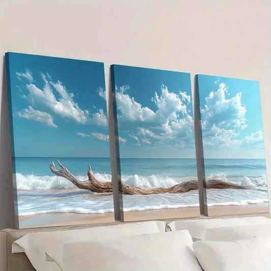 3pcs Bright Blue Sky and Ocean Waves Wall Art Set Canvas Framed 60x90cm - High Quality Print 100% Australian Made Wall Canvas Ready to Hang