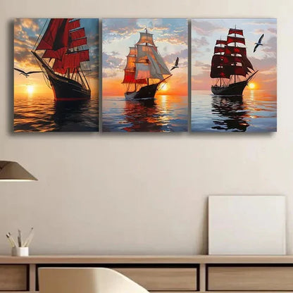 3pcs Sailboat at Sunset Decoration Sun Shine Wall Art Set Canvas Unframed - High Quality Print 100% Australian Made Wall Canvas