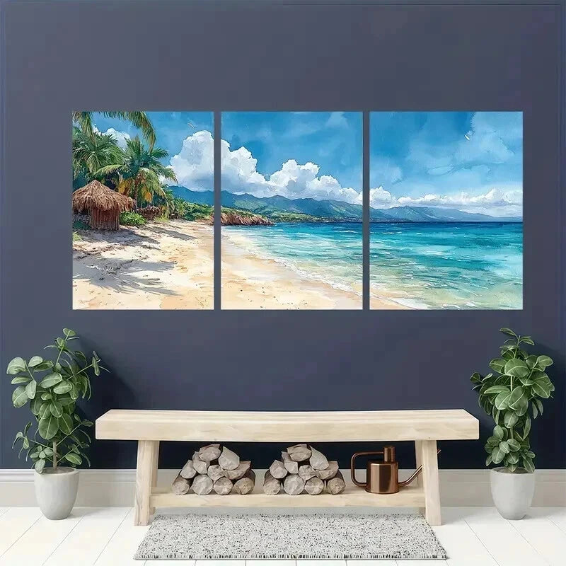 3pcs Serranilla Island Beach Huts & Ocean Views Wall Art Set Canvas Framed 60x90cm - High Quality Print 100% Australian Made Wall Canvas Ready to Hang - Bella Home Decor