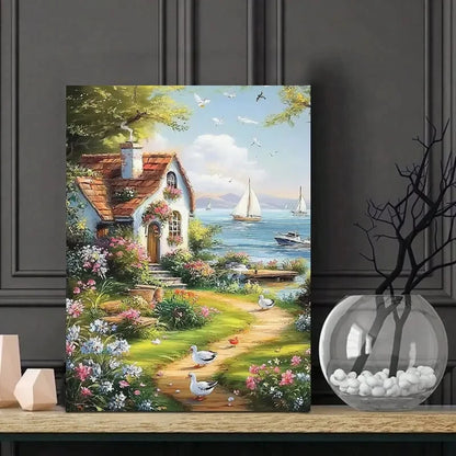 Beautiful Cottage by The Sea with Flowers And Ducks 40x60cm Metal Print Ready to Hang