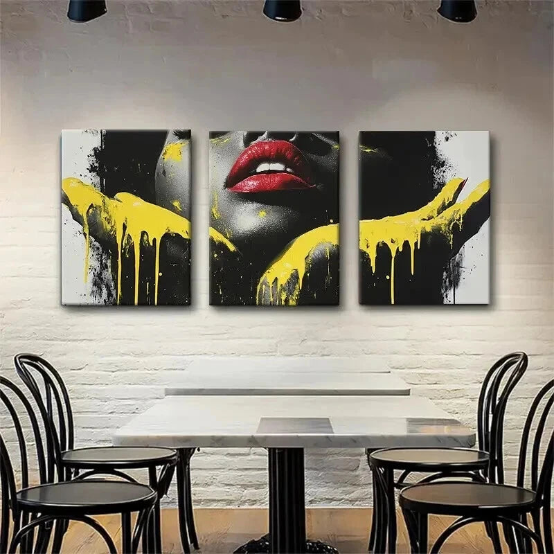 3pcs Abstract Black and Golden Lips Perfect Wall Art Set Canvas Framed 50x70cm - High Quality Print 100% Australian Made Wall Canvas Ready to Hang - Bella Home Decor
