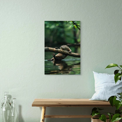 Playful River Otter Grabbing Log Wildlife 40x60cm Metal Print Ready to Hang