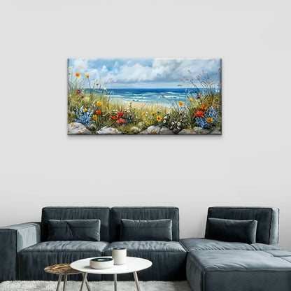 Beach Flowers Rocks Blue Sky Wall Art Canvas Office Home Room Framed 120x60cm