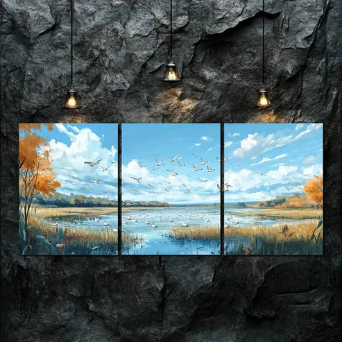 3pcs Peaceful Nature Lake Birds Fly Perfect Wall Art Canvas Unframed - High Quality Print 100% Australian Made Wall Canvas