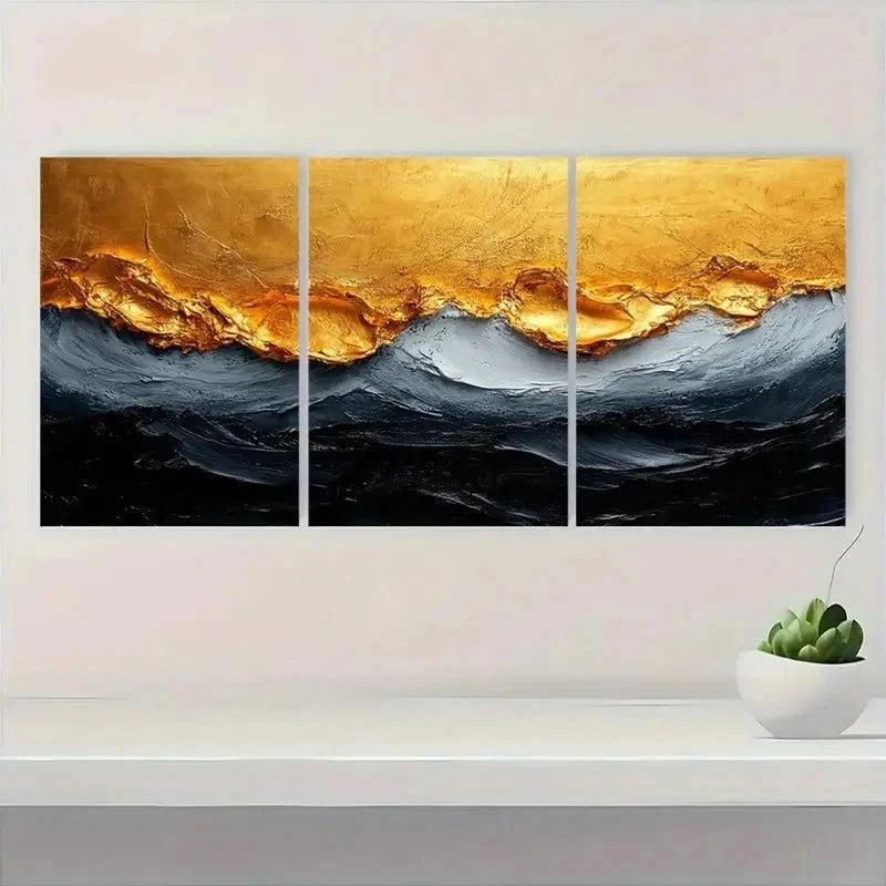 3pcs Black & White Golden Texture GO    Wall Art Set Canvas Framed 40x60cm - High Quality Print 100% Australian Made Wall Canvas Ready to Hang - Bella Home Decor