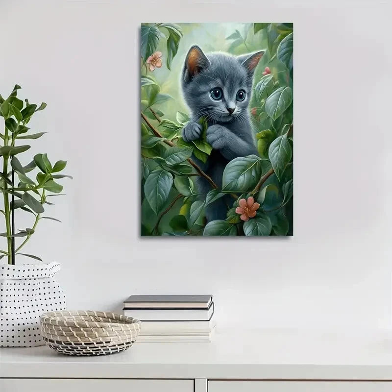 Flowers And Plants Cute Russian Blue Kitten Painting 40x60cm Metal Print Ready to Hang