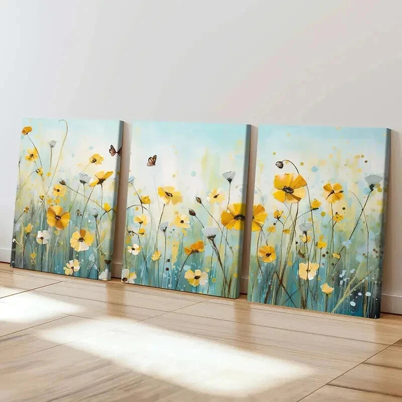 3pcs Meadow with Yellow Daisies & Butterflies Wall Art Set Canvas Framed 50x70cm - High Quality Print 100% Australian Made Wall Canvas Ready to Hang - Bella Home Decor