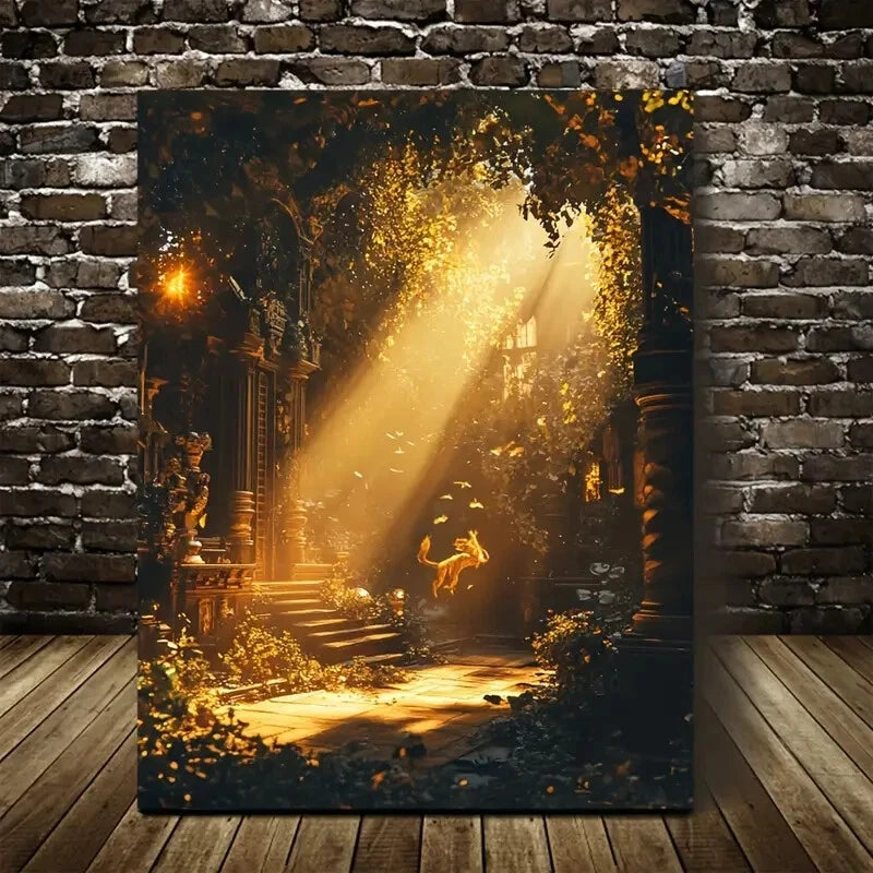 Steampunk Wolf in Jungle with Sunbeams Painting 40x60cm Metal Print Ready to Hang - Bella Home Decor