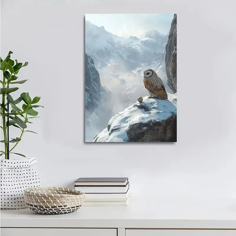 Owl Playing with Ball on Snowy Mountain Painting 40x60cm Metal Print Ready to Hang - Bella Home Decor