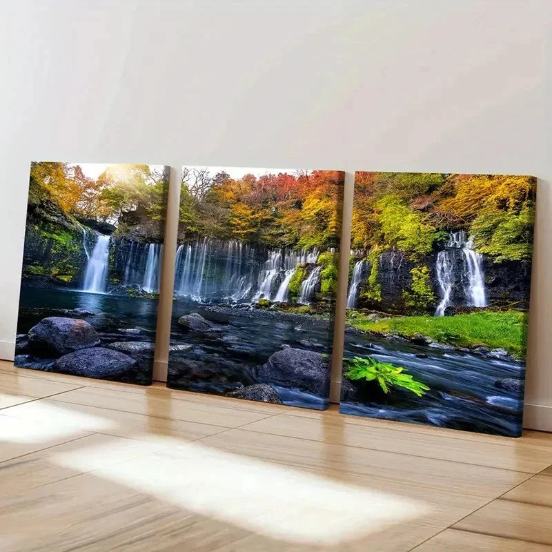 3pcs Vibrant Autumn Waterfall Landscape Wall Art Set Canvas Framed 50x70cm - High Quality Print 100% Australian Made Wall Canvas Ready to Hang - Bella Home Decor