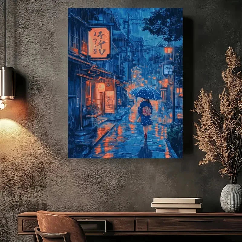 Beautiful Rainy Night Street Scene Vintage Painting 40x60cm Metal Print Ready to Hang - Bella Home Decor