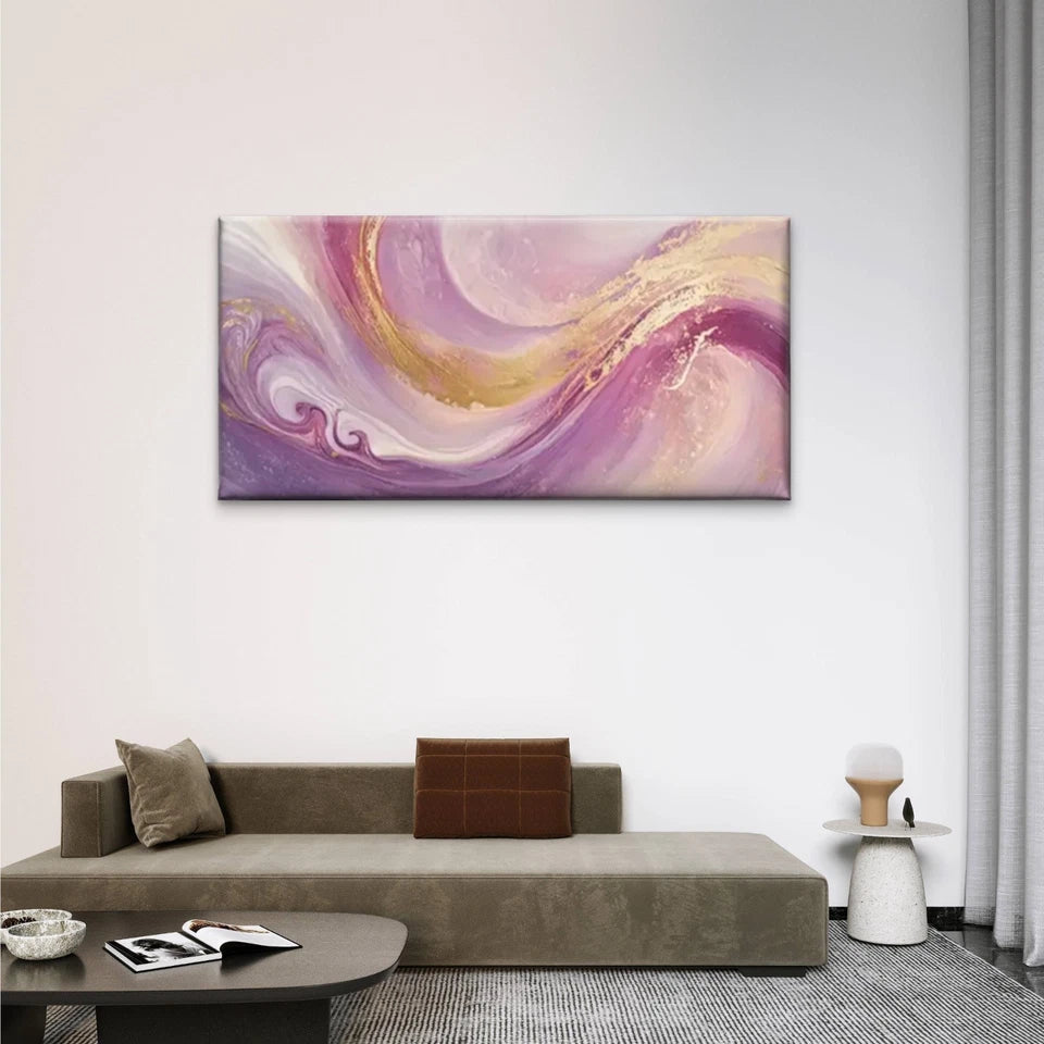 Purple Golden Swirls Abstract Wall Art Canvas Office Home Room Framed 120x60cm