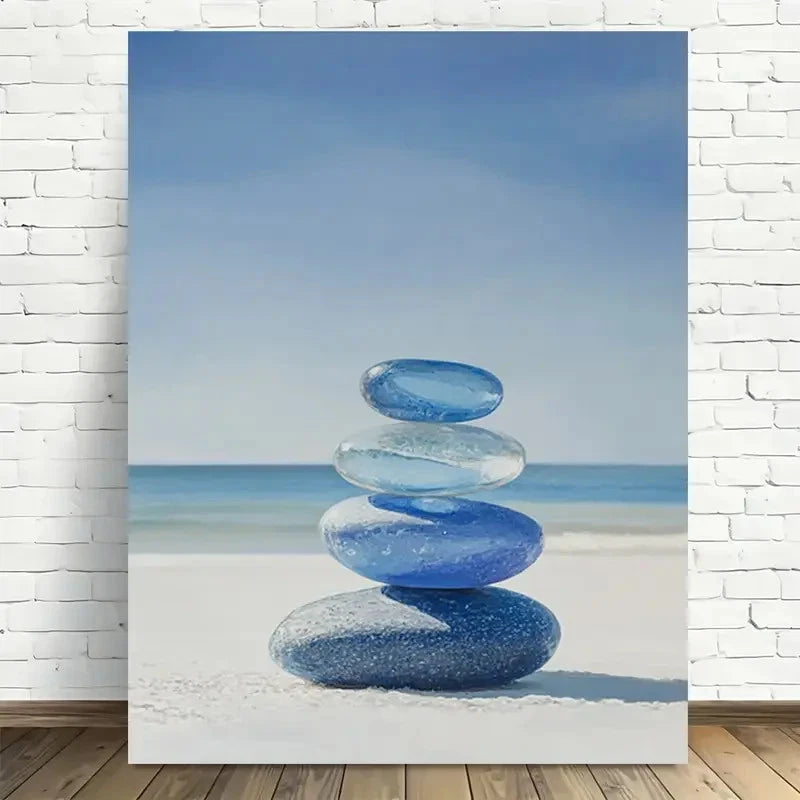 Beautiful Modern Minimalist Blue Rock Beach Painting 40x60cm Metal Print Ready to Hang - Bella Home Decor