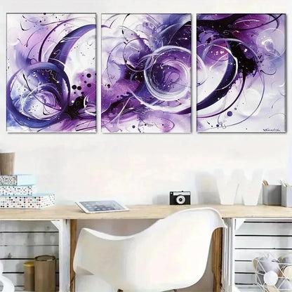 3pcs Abstract Purple Modern Fluid Swirl Perfect Wall Art Set Canvas Framed 50x70cm - High Quality Print 100% Australian Made Wall Canvas Ready to Hang - Bella Home Decor