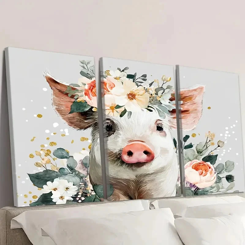 3pcs Cute Pig Mom Floral Design Wall Art Set Canvas Framed 50x70cm - High Quality Print 100% Australian Made Wall Canvas Ready to Hang - Bella Home Decor