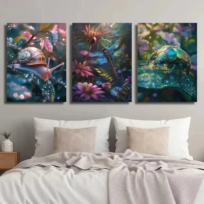 3pcs Insect Snails Beetles and & Floral Design Wall Art Canvas Unframed - High Quality Print 100% Australian Made Wall Canvas
