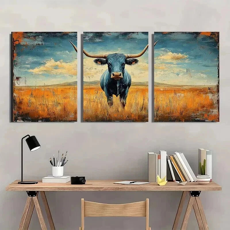 3pcs Rustic Cow in Blue & Orange Field Wall Art Set Canvas Framed 40x60cm - High Quality Print 100% Australian Made Wall Canvas Ready to Hang - Bella Home Decor