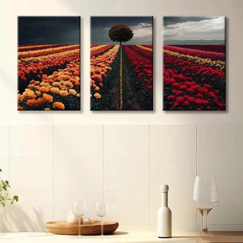 3pcs Charming Flower Fields Illustration Metal Print Ready to Hang Art - Bella Home Decor