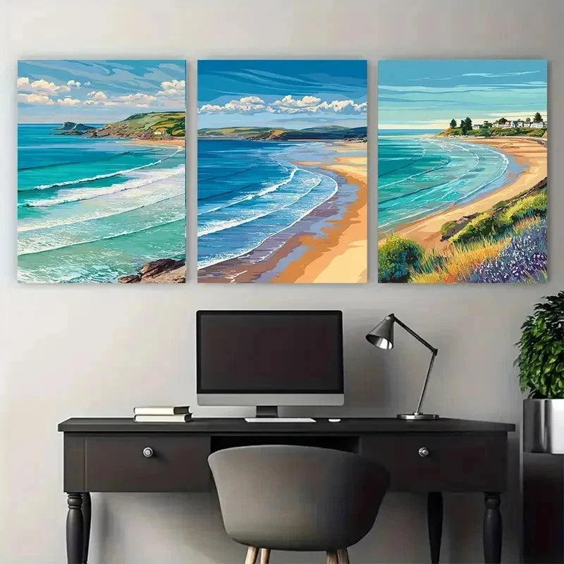 3pcs Woolacombe Coastal Decor Beach Perfect Wall Art Set Canvas Framed 50x70cm - High Quality Print 100% Australian Made Wall Canvas Ready to Hang