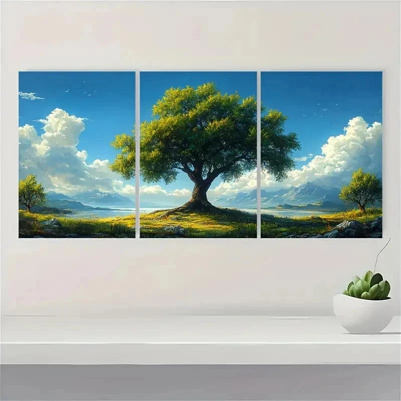 3pcs Solitary Green Tree Blue Sky Mountains E  Wall Art Set Canvas Framed 40x60cm - High Quality Print 100% Australian Made Wall Canvas Ready to Hang