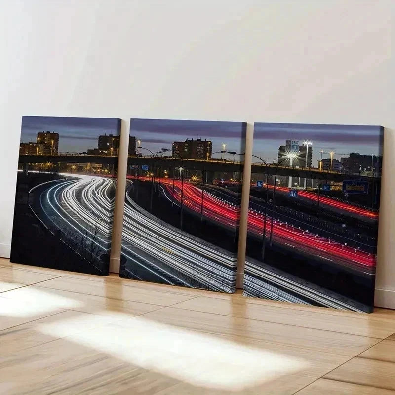 3pcs City Road Night Scene Traffic Flow Wall Art Set Canvas Framed 60x90cm - High Quality Print 100% Australian Made Wall Canvas Ready to Hang - Bella Home Decor