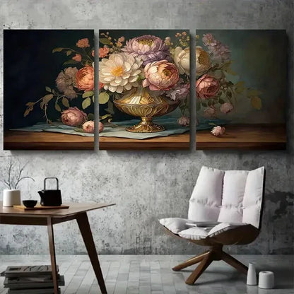 3pcs Vintage Peony Bouquet Oil Painting Wall Art Canvas Unframed - High Quality Print 100% Australian Made Wall Canvas