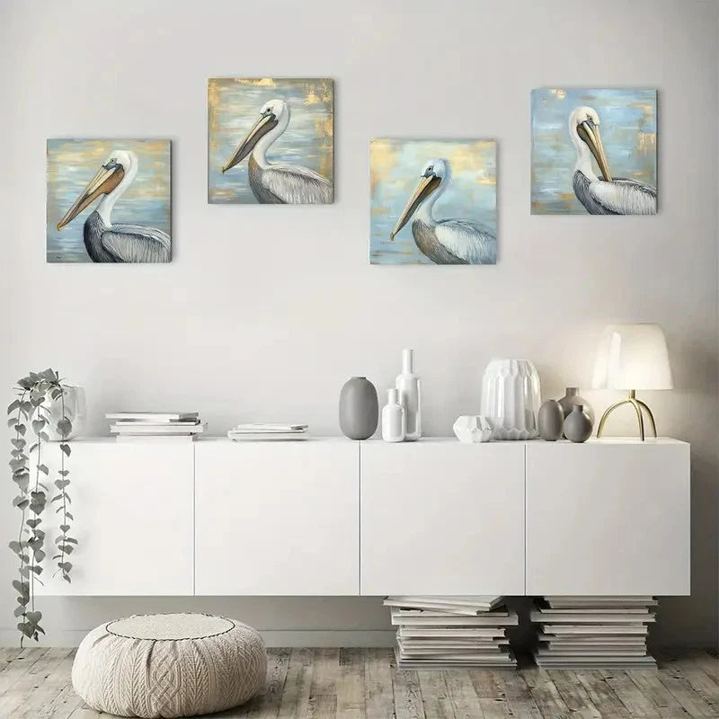 4pcs Pelican Bir Wall Art Canvas Framed