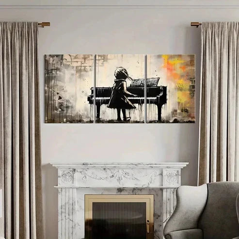 3pcs Vintage Little Girl Playing Piano Wall Art Set Canvas Unframed - High Quality Print 100% Australian Made Wall Canvas