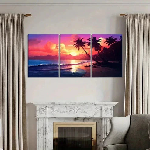3pcs Colorful Sky Palm Trees & Ocean Waves Wall Art Canvas Unframed - High Quality Print 100% Australian Made Wall Canvas - Bella Home Decor