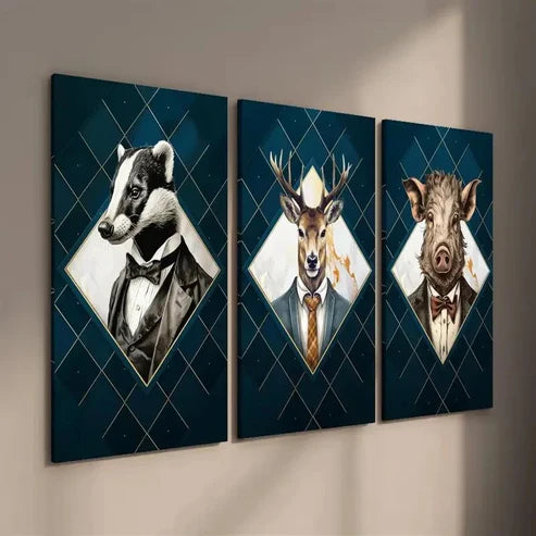 3pcs Badger Deer and Pig in Suits Wall Art Set Canvas Unframed - High Quality Print 100% Australian Made Wall Canvas