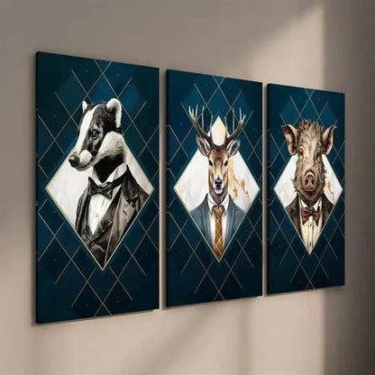 3pcs Badger Deer and Pig in Suits Wall Art Set Canvas Unframed - High Quality Print 100% Australian Made Wall Canvas