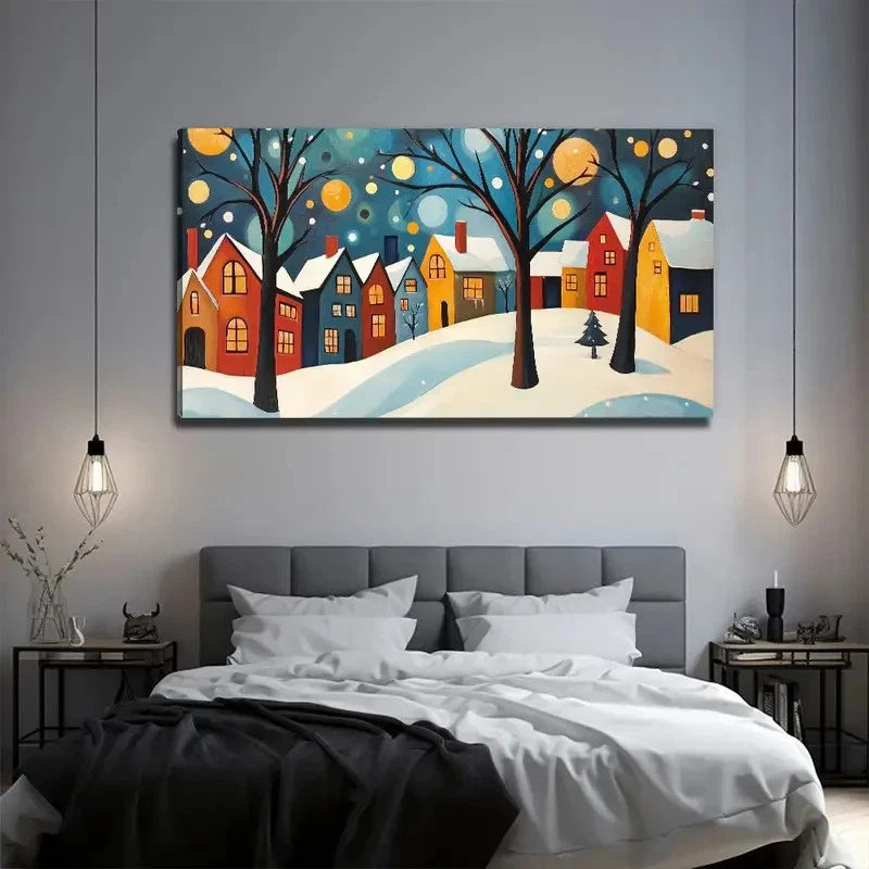 Snow Town Suitable Murals Wall Art Canvas Office Home Room Framed 120x60cm